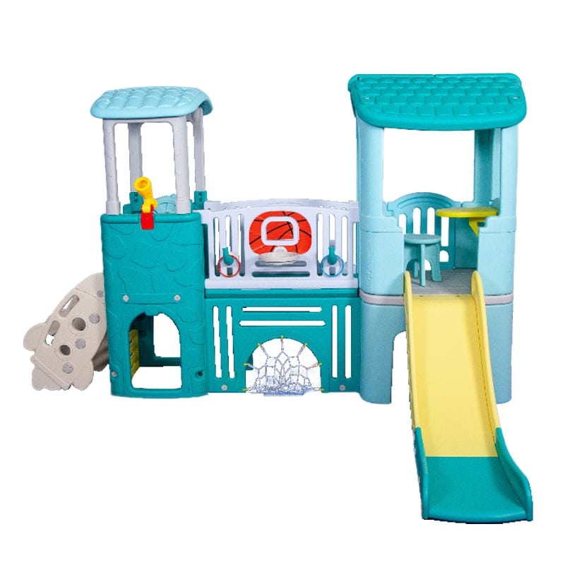 Turquoise Jungle Gym With Hoop and Soccer Net