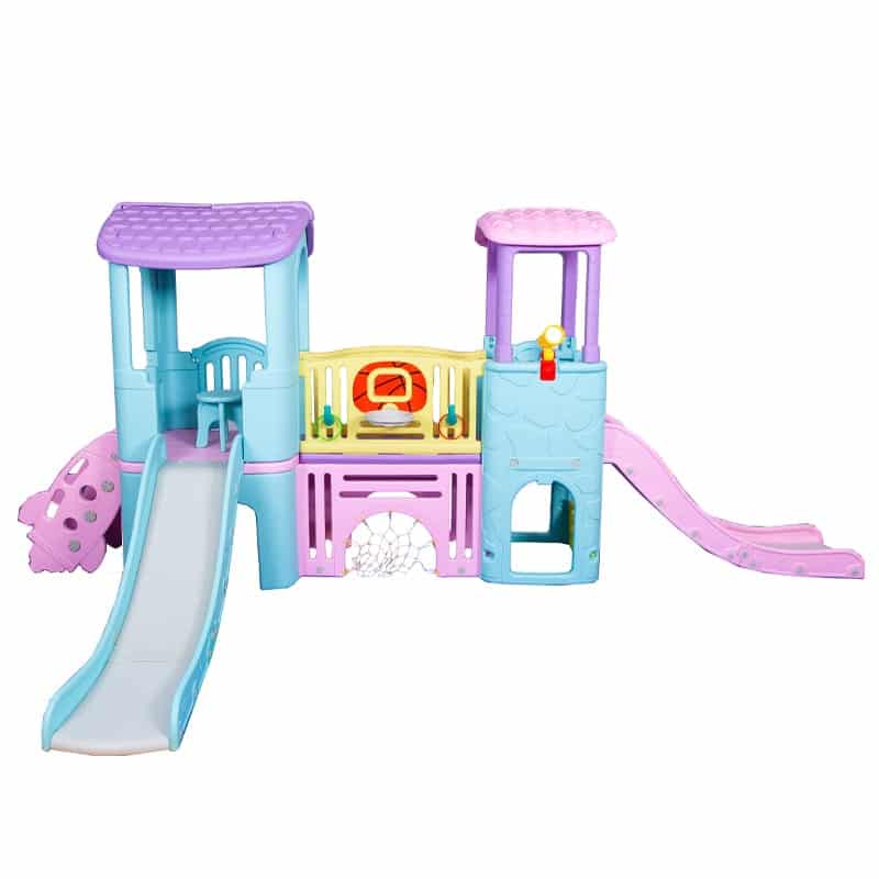 Pink & Turquoise Jungle Gym With Hoop and Soccer Net