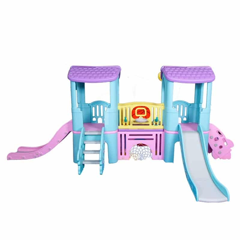 Purple and Turquoise Jungle Gym With Hoop and Soccer Net